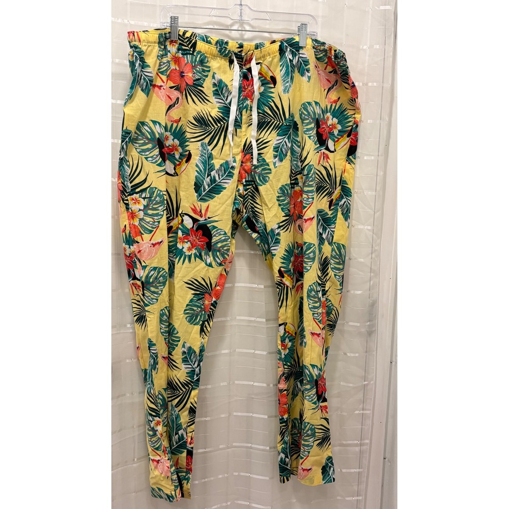 Old Navy Tropical Pajama Pants XXL Yellow Flamingo Palm Leaf Cotton Loungewear
